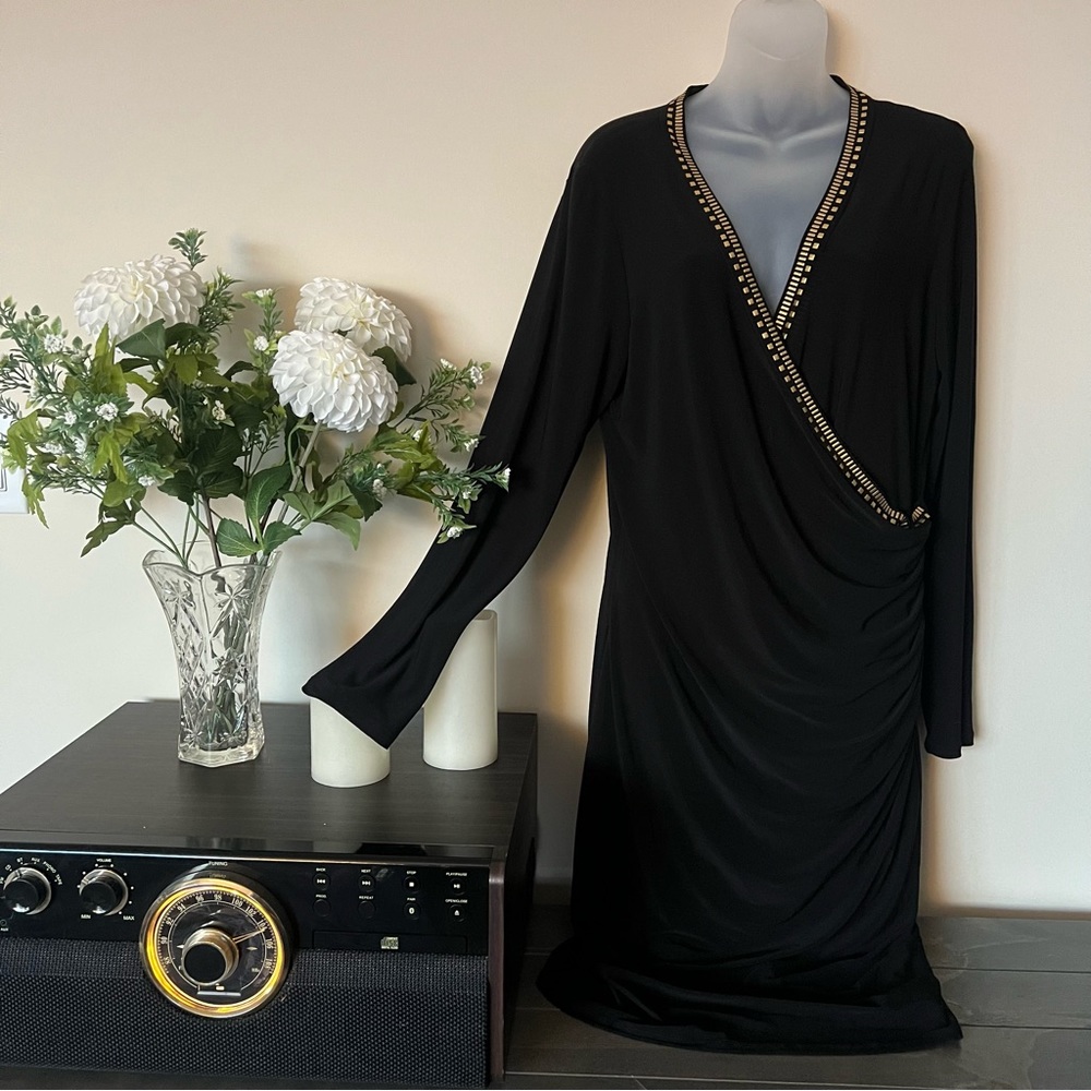 Black Frank Lyman gold stud detail stretchy black faux wrap midi dress